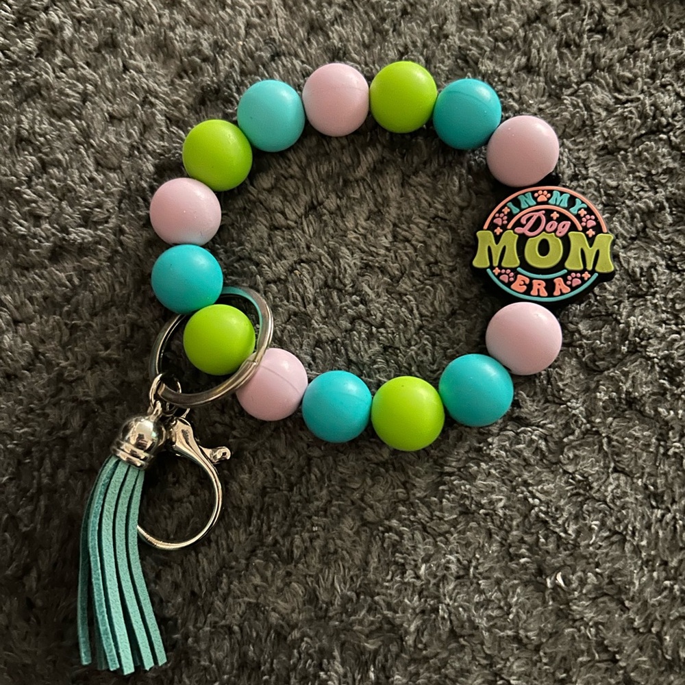 Dog Mom Beaded Keychain Bracelet - Pastel Pink, Aqua & Lime